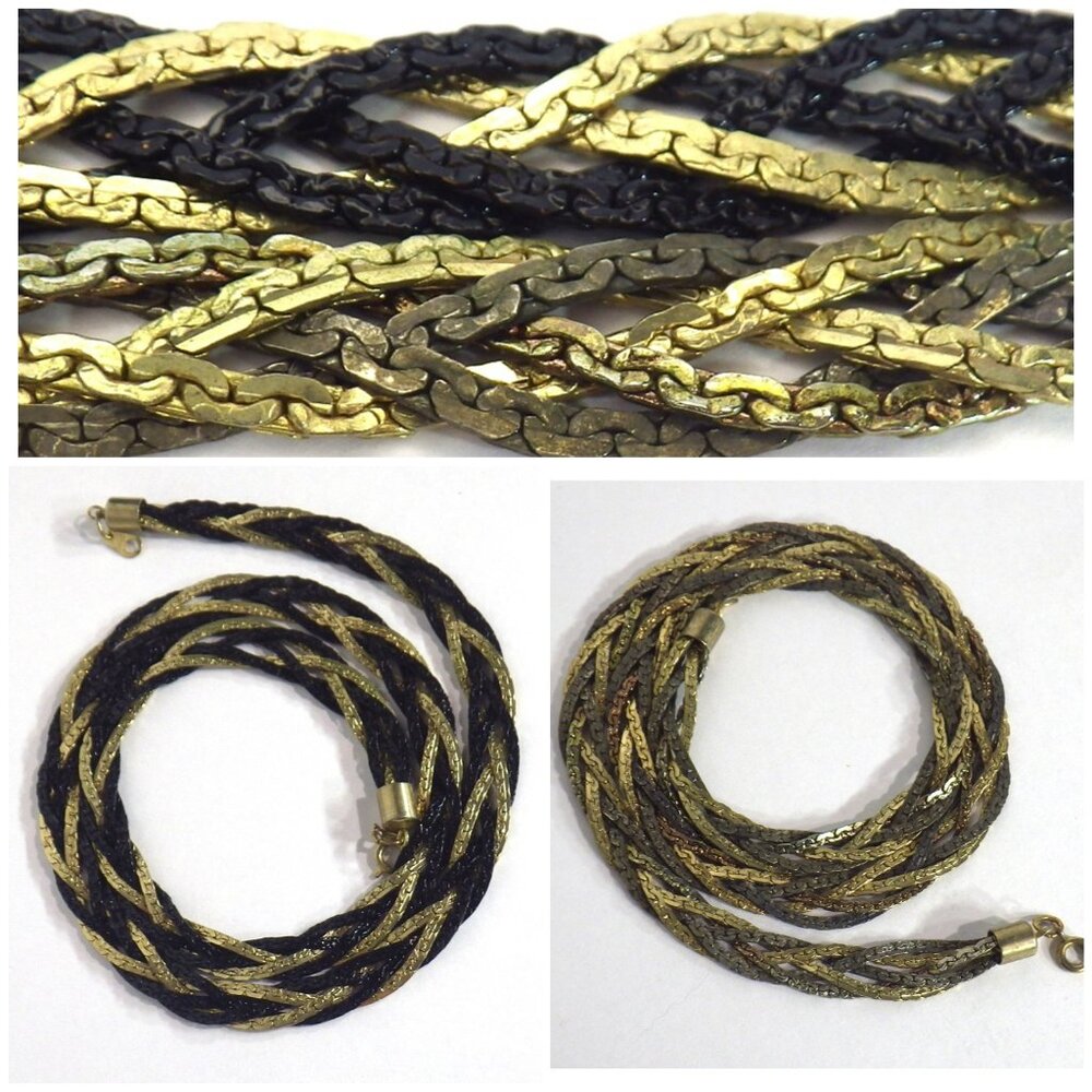 SALE! Vintage Set of 2 Flat Braided Necklaces Serpentine Chain Gold/Black/Silver